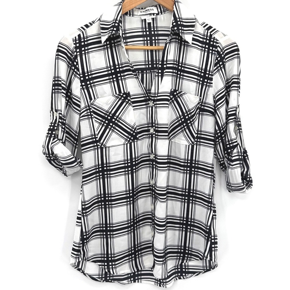 Express Womens Portofino Shirt Small Black White Plaid Roll Tab Slim Blouse
